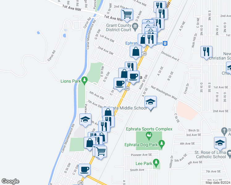 map of restaurants, bars, coffee shops, grocery stores, and more near 447 Basin Street Southwest in Ephrata