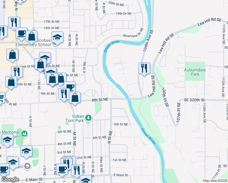map of restaurants, bars, coffee shops, grocery stores, and more near 813 R Street Northeast in Auburn