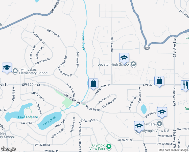 map of restaurants, bars, coffee shops, grocery stores, and more near 31908 34th Place Southwest in Federal Way