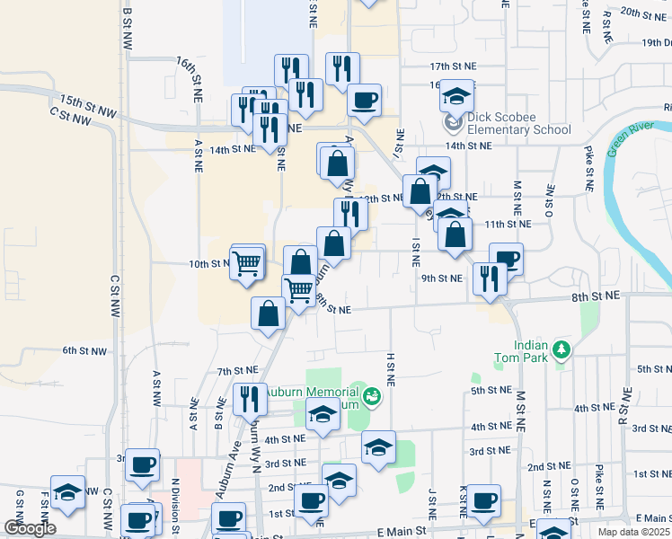 map of restaurants, bars, coffee shops, grocery stores, and more near 706 10th Street Northeast in Auburn