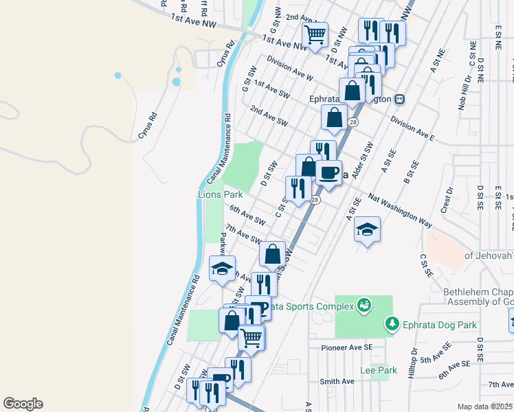 map of restaurants, bars, coffee shops, grocery stores, and more near 326 5th Avenue Southwest in Ephrata