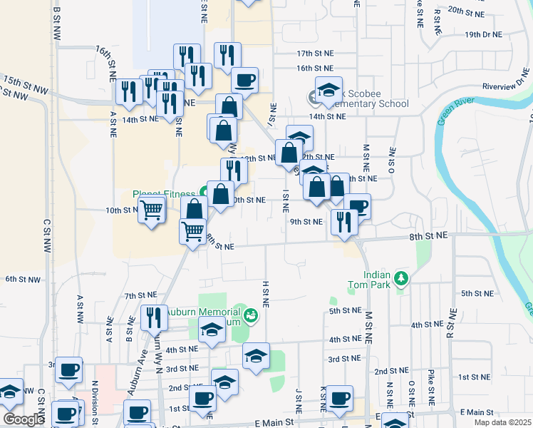 map of restaurants, bars, coffee shops, grocery stores, and more near 734 10th Street Northeast in Auburn