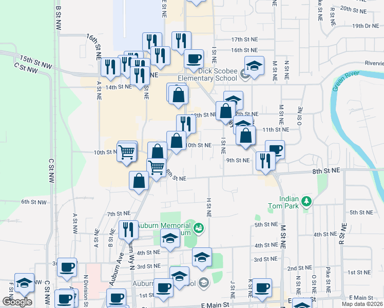 map of restaurants, bars, coffee shops, grocery stores, and more near 710 10th Street Northeast in Auburn