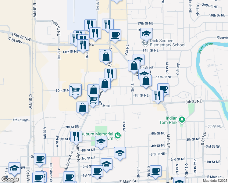 map of restaurants, bars, coffee shops, grocery stores, and more near 706 10th Street Northeast in Auburn