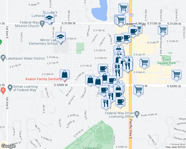 map of restaurants, bars, coffee shops, grocery stores, and more near 1014 South 320th Street in Federal Way