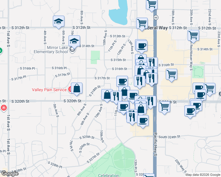 map of restaurants, bars, coffee shops, grocery stores, and more near 1040 South 320th Street in Federal Way