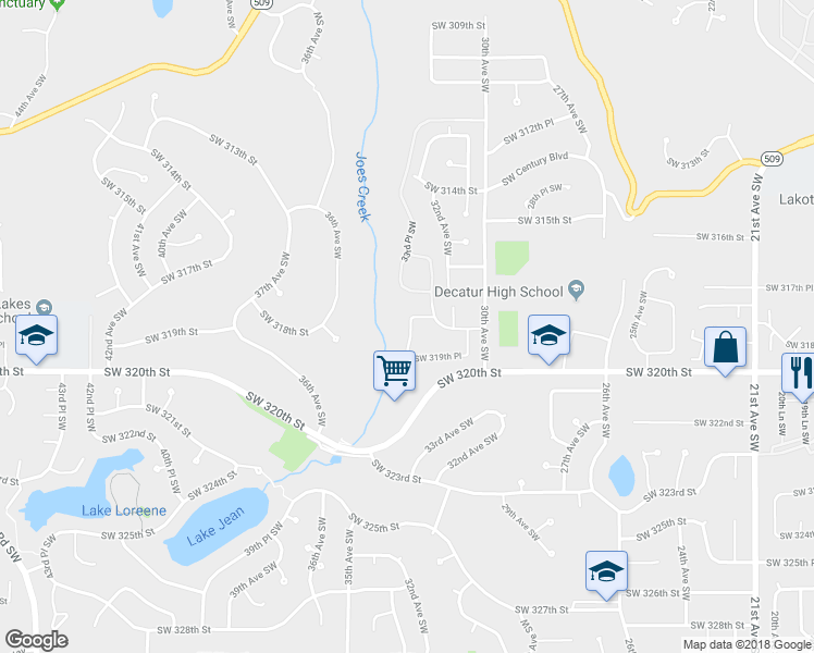 map of restaurants, bars, coffee shops, grocery stores, and more near 31817 34th Place Southwest in Federal Way