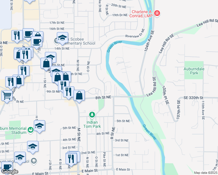 map of restaurants, bars, coffee shops, grocery stores, and more near 810 Pike Street Northeast in Auburn
