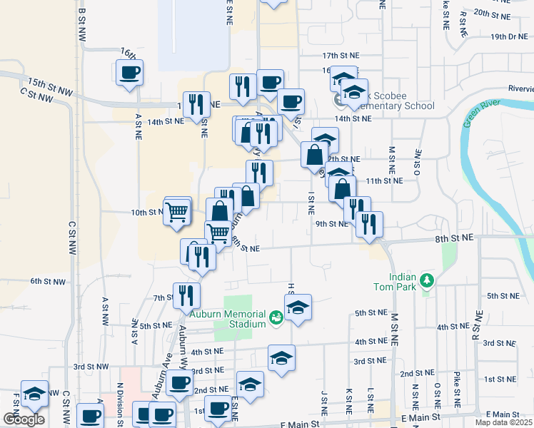 map of restaurants, bars, coffee shops, grocery stores, and more near 706 10th Street Northeast in Auburn