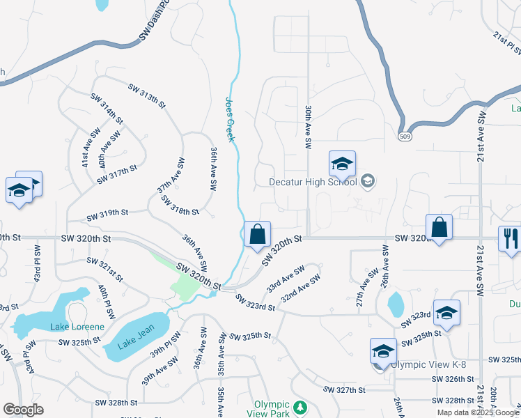 map of restaurants, bars, coffee shops, grocery stores, and more near 31908 34th Place Southwest in Federal Way