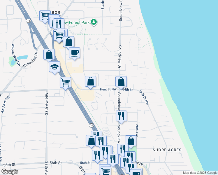 map of restaurants, bars, coffee shops, grocery stores, and more near 3008 Islandview Court in Gig Harbor