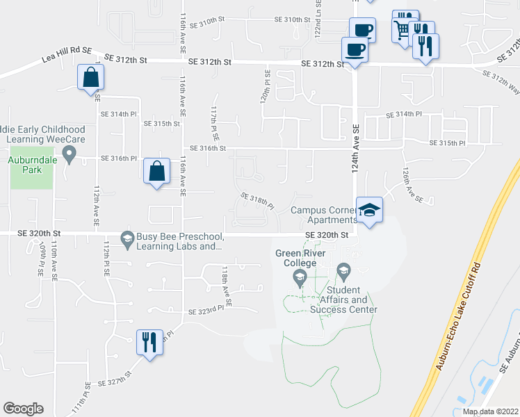 map of restaurants, bars, coffee shops, grocery stores, and more near 11829 Southeast 318th Place in Auburn