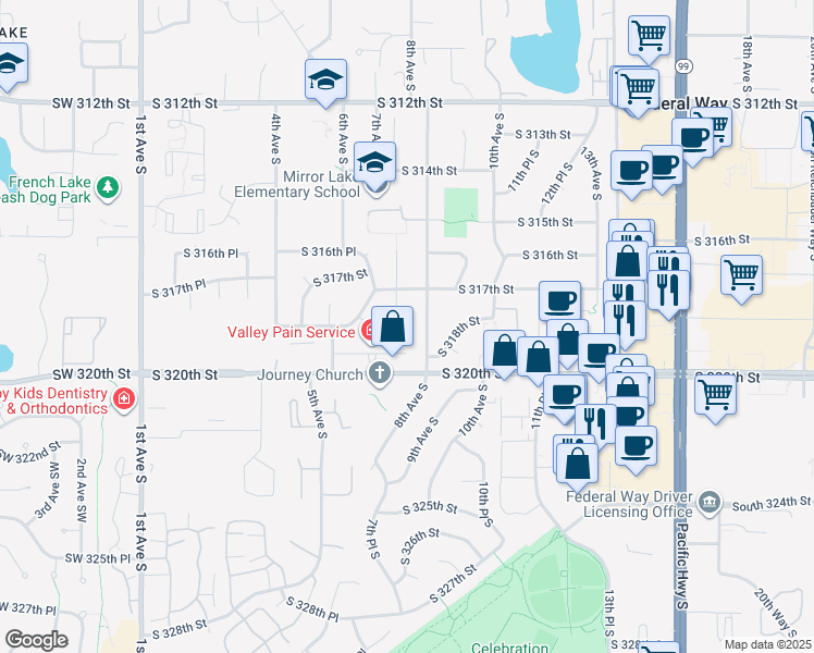 map of restaurants, bars, coffee shops, grocery stores, and more near 31751 8th Avenue South in Federal Way