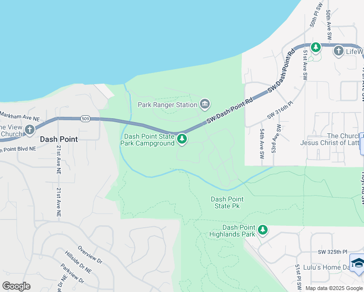 map of restaurants, bars, coffee shops, grocery stores, and more near Dash Point Park Road in Federal Way