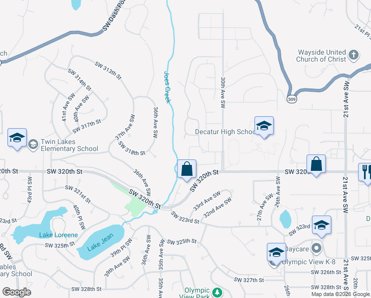 map of restaurants, bars, coffee shops, grocery stores, and more near 31908 34th Place Southwest in Federal Way