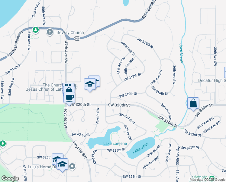 map of restaurants, bars, coffee shops, grocery stores, and more near 31757 42nd Avenue Southwest in Federal Way