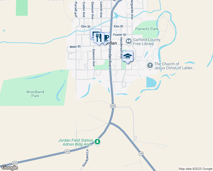 map of restaurants, bars, coffee shops, grocery stores, and more near 111 Jordan Avenue in Jordan