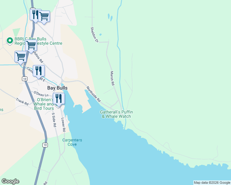 map of restaurants, bars, coffee shops, grocery stores, and more near 34 Marsh Road in Bay Bulls