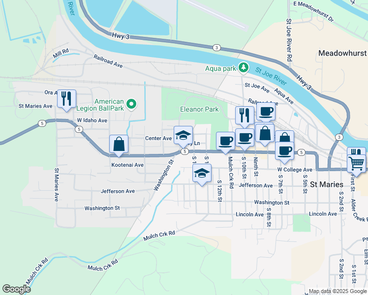 map of restaurants, bars, coffee shops, grocery stores, and more near 1405 Main Avenue in Saint Maries