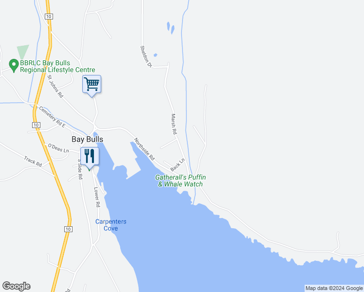 map of restaurants, bars, coffee shops, grocery stores, and more near 34 Marsh Road in Bay Bulls