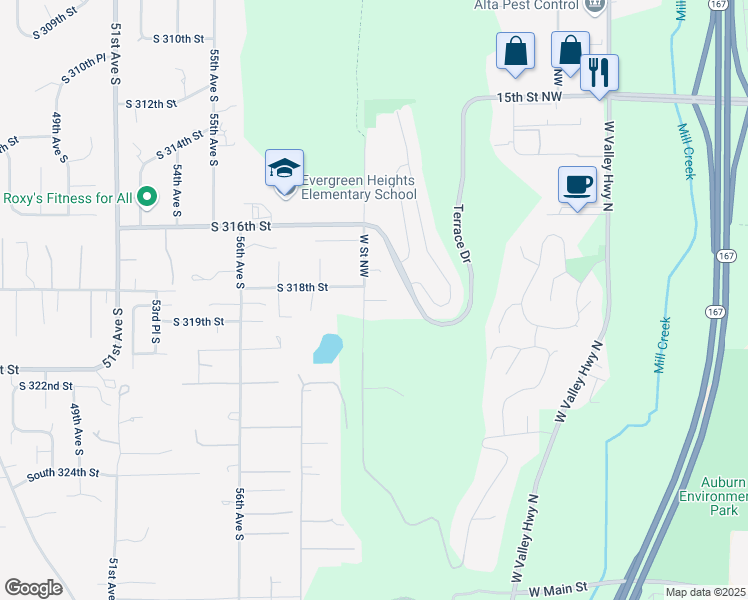 map of restaurants, bars, coffee shops, grocery stores, and more near 910 W Street Northwest in Auburn