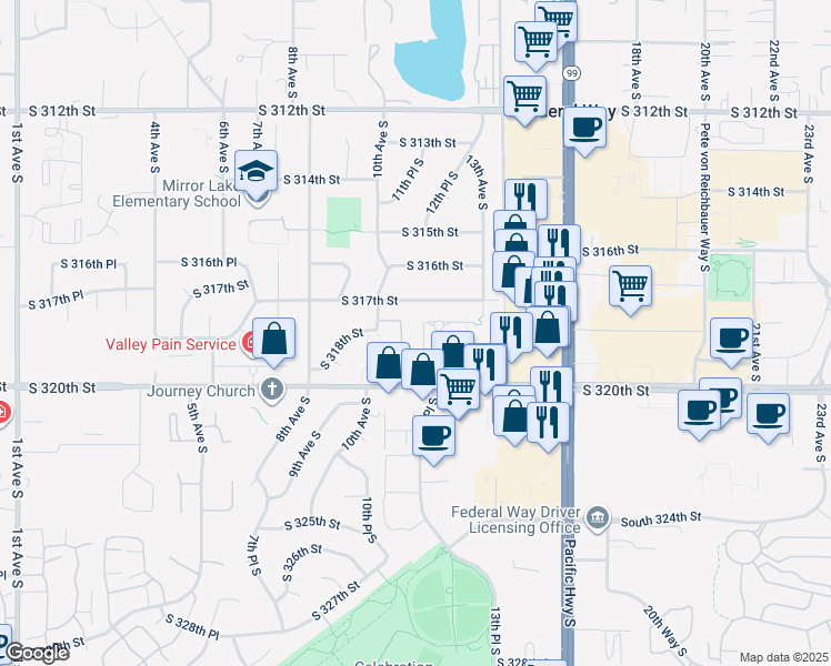 map of restaurants, bars, coffee shops, grocery stores, and more near 1066 South 320th Street in Federal Way