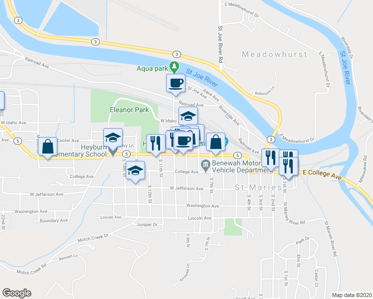 map of restaurants, bars, coffee shops, grocery stores, and more near 130 N 9th St in St Maries