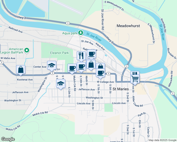 map of restaurants, bars, coffee shops, grocery stores, and more near 130 North 9th Street in Saint Maries
