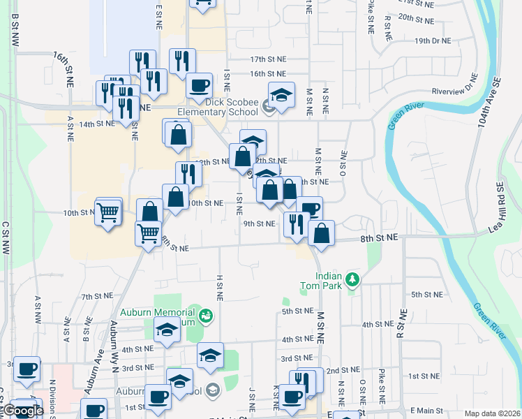 map of restaurants, bars, coffee shops, grocery stores, and more near 1002 10th Street Northeast in Auburn