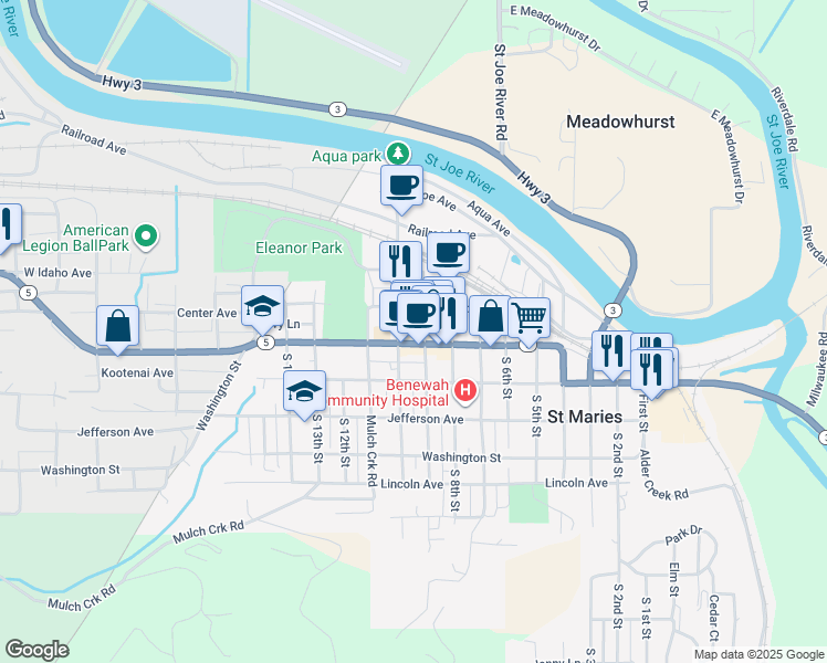 map of restaurants, bars, coffee shops, grocery stores, and more near 923 Main Avenue in Saint Maries