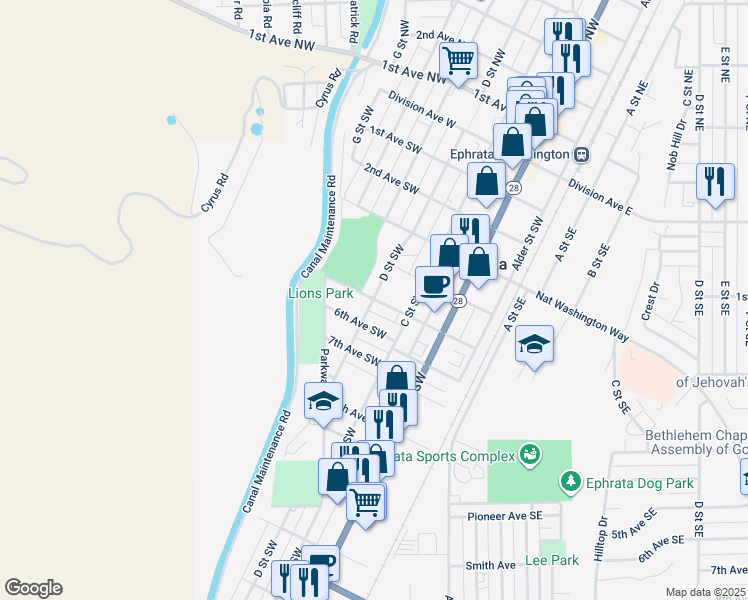 map of restaurants, bars, coffee shops, grocery stores, and more near 326 5th Avenue Southwest in Ephrata