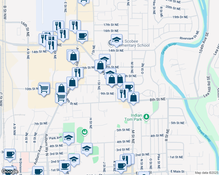 map of restaurants, bars, coffee shops, grocery stores, and more near 1004 9th Street Northeast in Auburn