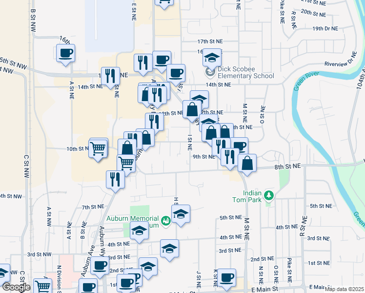 map of restaurants, bars, coffee shops, grocery stores, and more near 905 I Street Northeast in Auburn