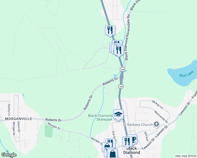map of restaurants, bars, coffee shops, grocery stores, and more near 25022 Roberts Drive in Black Diamond