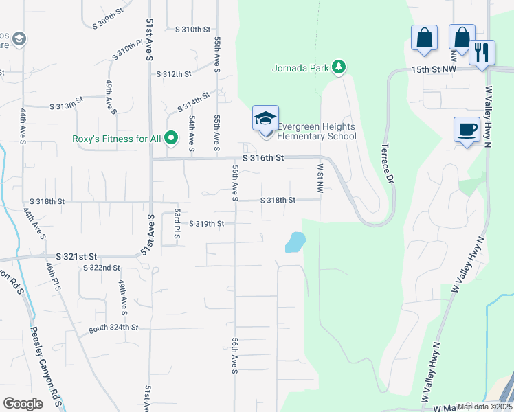 map of restaurants, bars, coffee shops, grocery stores, and more near 31832 56th Avenue South in Auburn