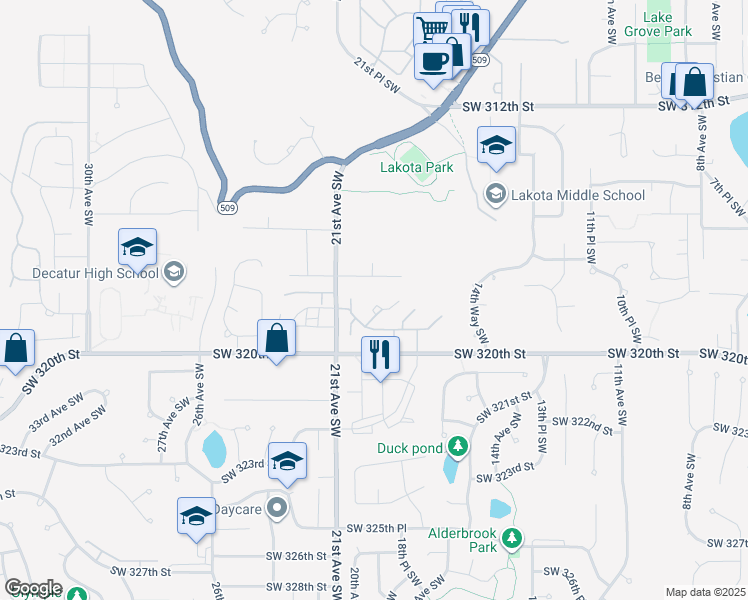 map of restaurants, bars, coffee shops, grocery stores, and more near 1934 Southwest 318th Place in Federal Way