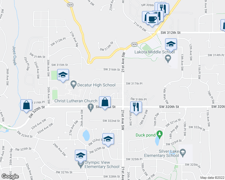 map of restaurants, bars, coffee shops, grocery stores, and more near 2134 Southwest 317th Place in Federal Way