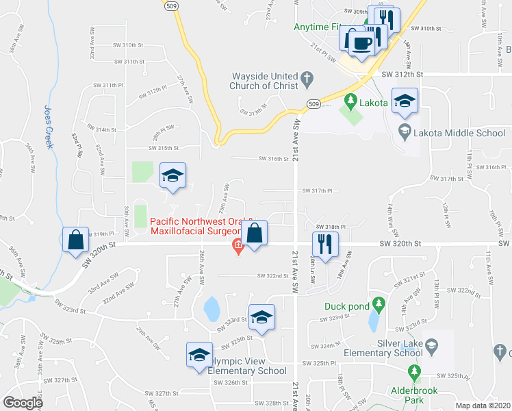 map of restaurants, bars, coffee shops, grocery stores, and more near 2402 Southwest 317th Street in Federal Way