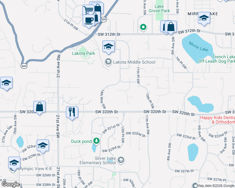 map of restaurants, bars, coffee shops, grocery stores, and more near 1223 Southwest 318th Street in Federal Way