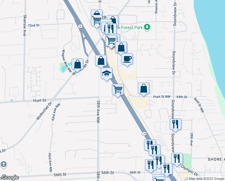 map of restaurants, bars, coffee shops, grocery stores, and more near 3615 Hunt Street in Gig Harbor