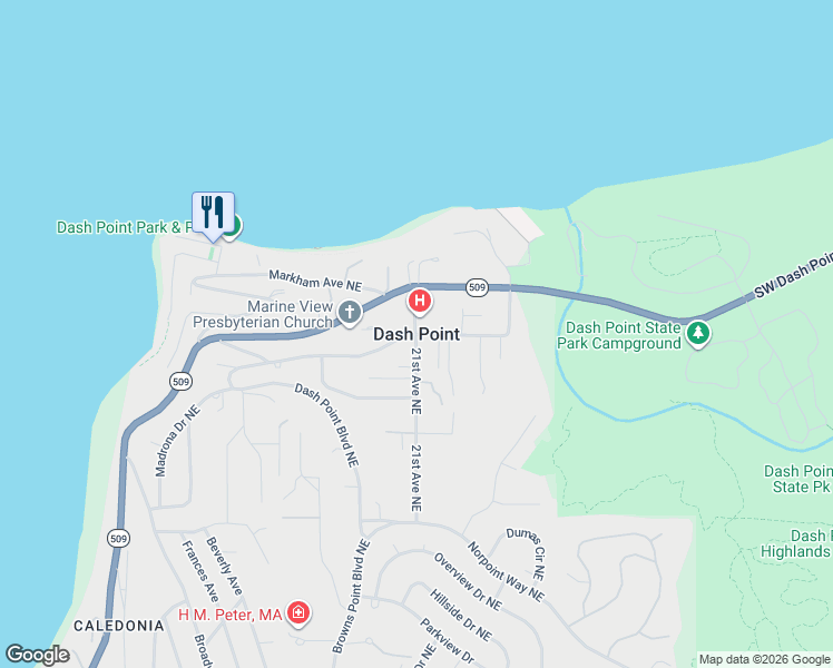 map of restaurants, bars, coffee shops, grocery stores, and more near in Dash Point