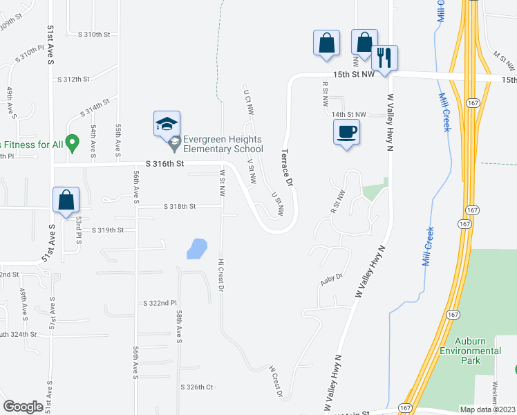 map of restaurants, bars, coffee shops, grocery stores, and more near 1002 U Street Northwest in Auburn
