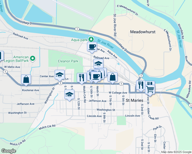 map of restaurants, bars, coffee shops, grocery stores, and more near 934 Center Avenue in Saint Maries