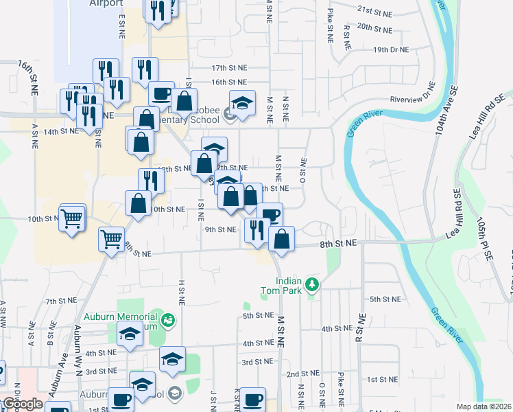 map of restaurants, bars, coffee shops, grocery stores, and more near 1111 10th St NE in Auburn