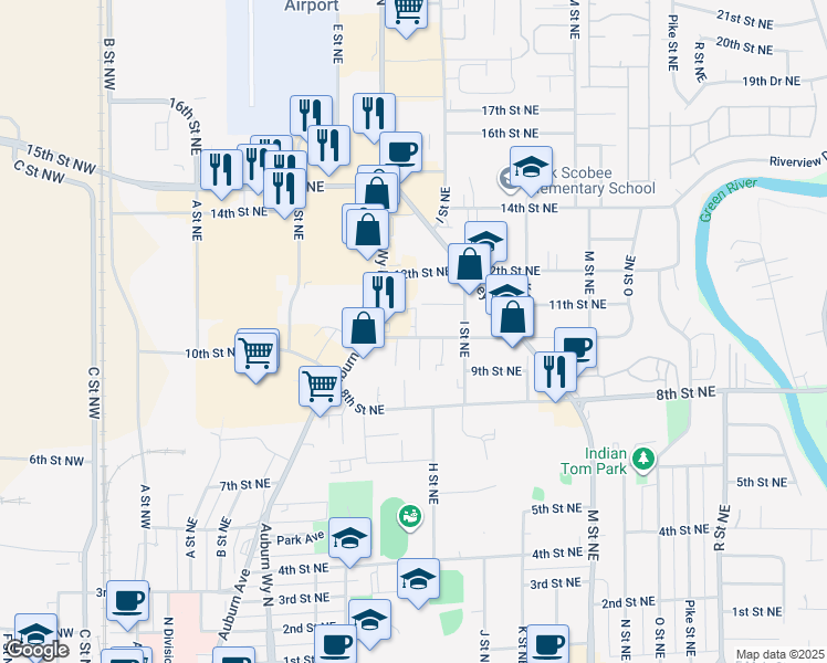 map of restaurants, bars, coffee shops, grocery stores, and more near 804 11th Street Northeast in Auburn