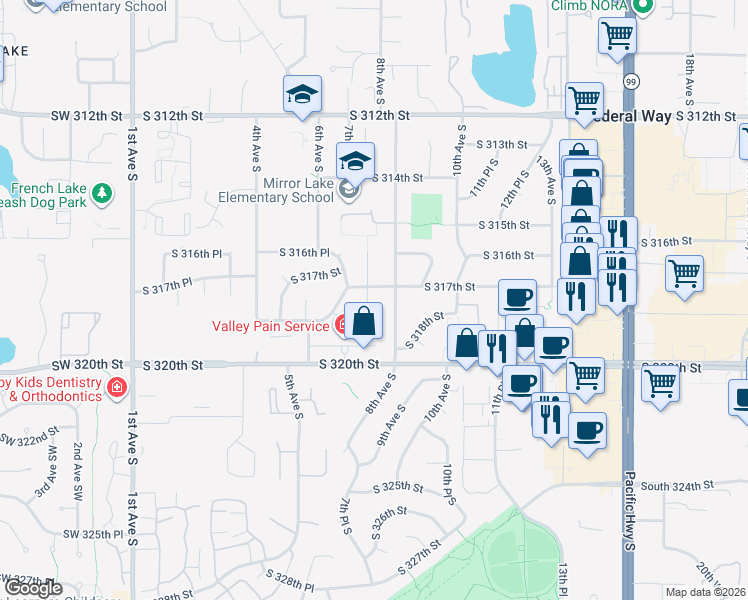 map of restaurants, bars, coffee shops, grocery stores, and more near 31712 7th Place South in Federal Way