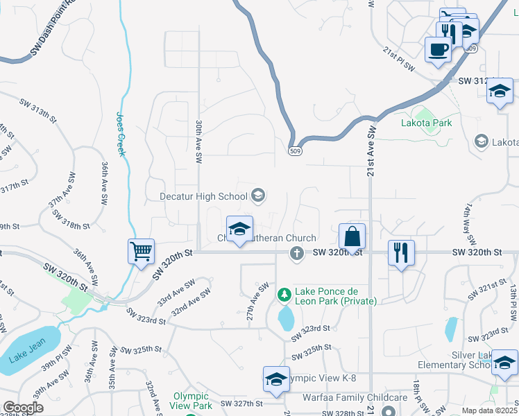 map of restaurants, bars, coffee shops, grocery stores, and more near 2800 Southwest 320th Street in Federal Way