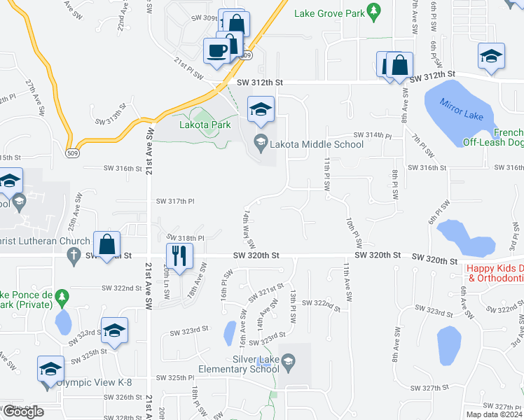map of restaurants, bars, coffee shops, grocery stores, and more near 31750 14th Way Southwest in Federal Way