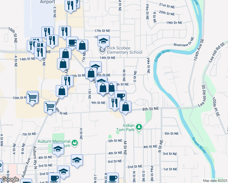 map of restaurants, bars, coffee shops, grocery stores, and more near 1111 10th Street Northeast in Auburn