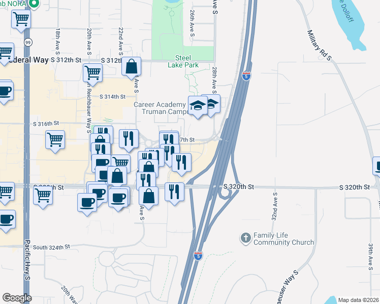 map of restaurants, bars, coffee shops, grocery stores, and more near South Gateway Center Place in Federal Way